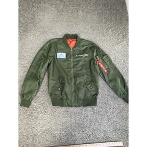 Flight Jacket Mens XS Green Satin Bomber Space Launch Patch Full Zip Lined